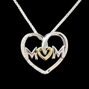 MOM Necklace Sterling Silver 14K Gold Mother Diamond Heart Pendant Chain 925 AV